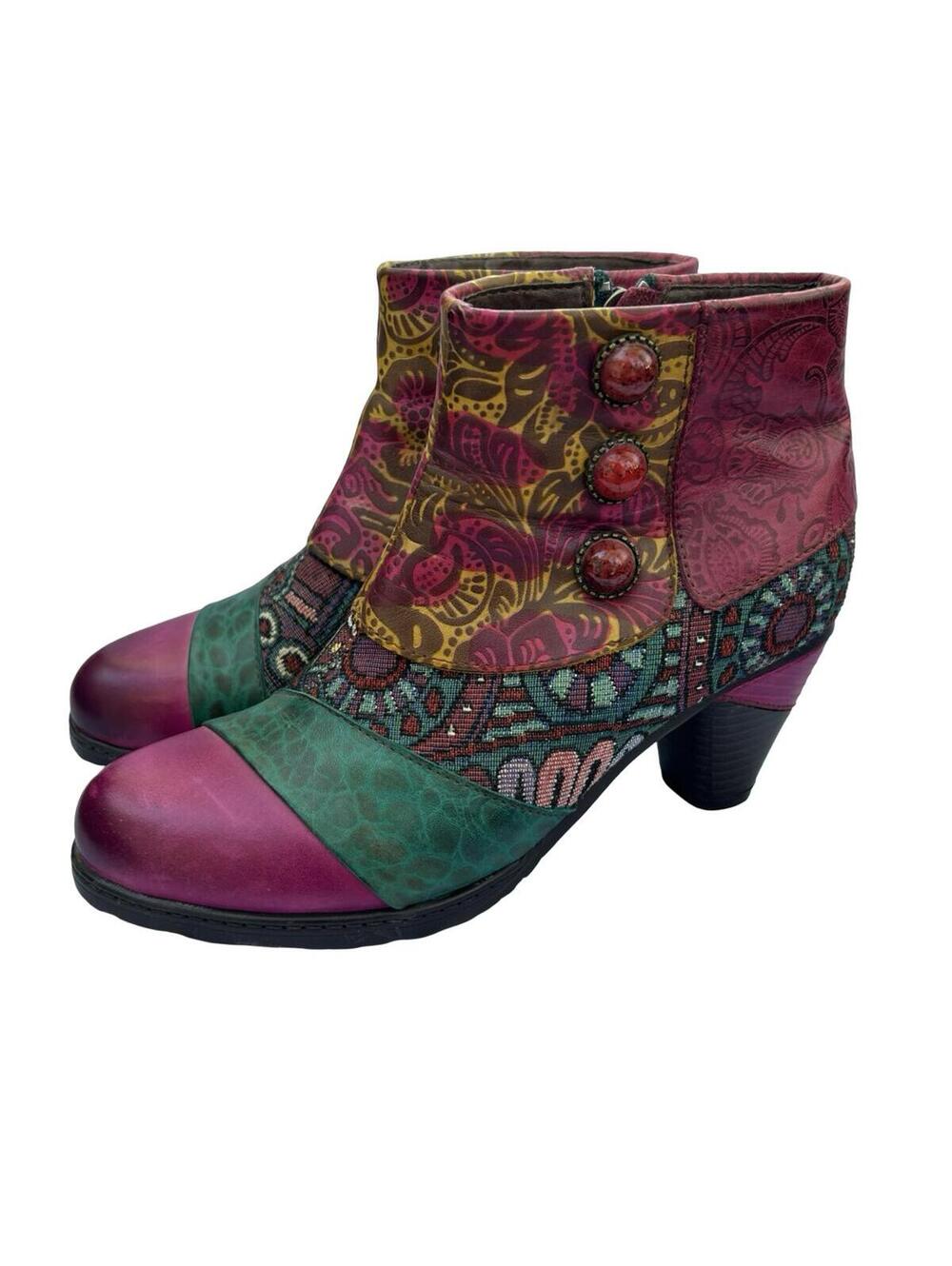 Socofy Boho Patchwork Ankle‎ Boots Womens 7 7.5 EU 38 Colorful Retro Booties